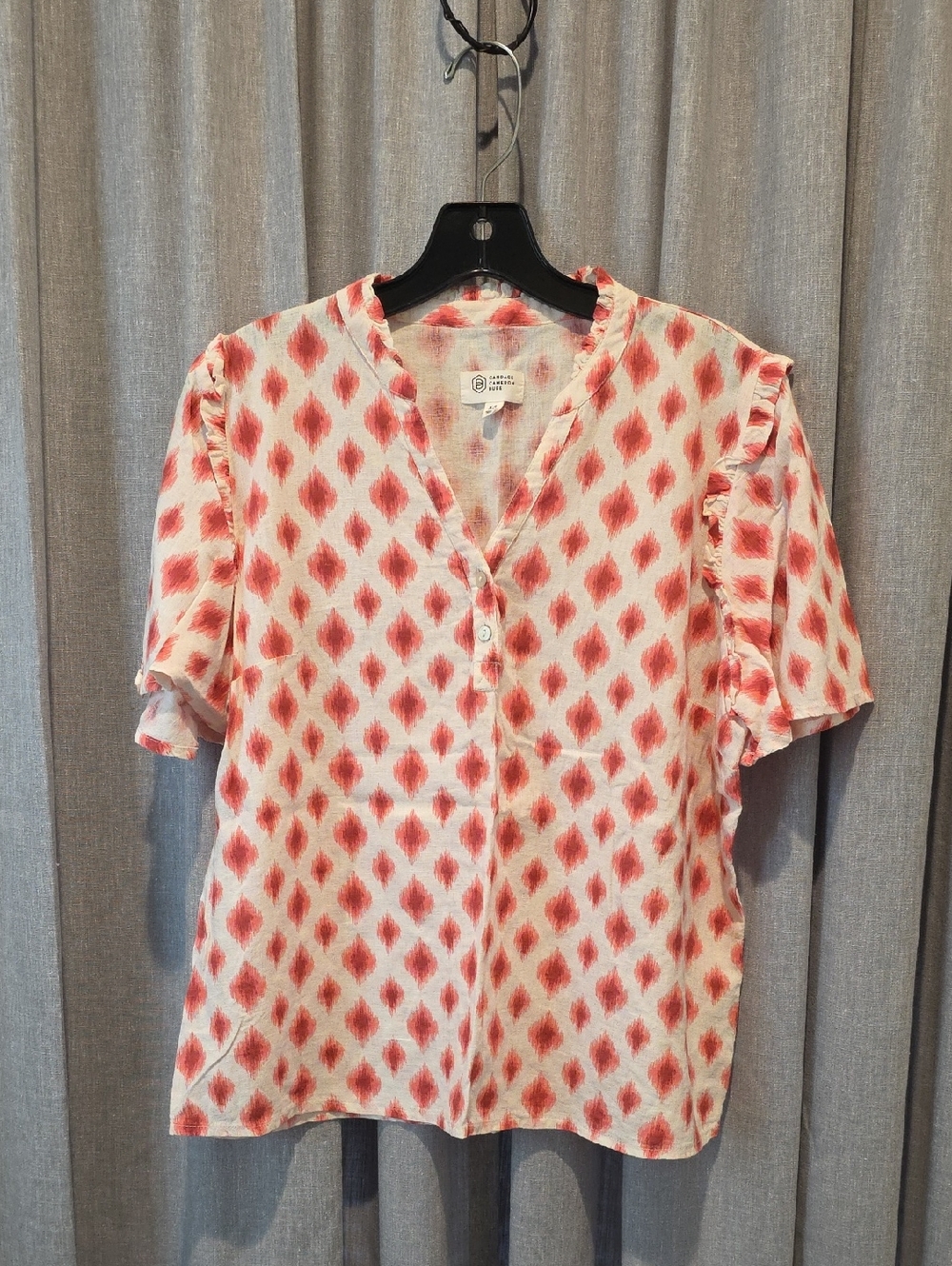 Candace Cameron Bure Red Ikat V-Neck Short Ruffle Sleeve Detail Blouse